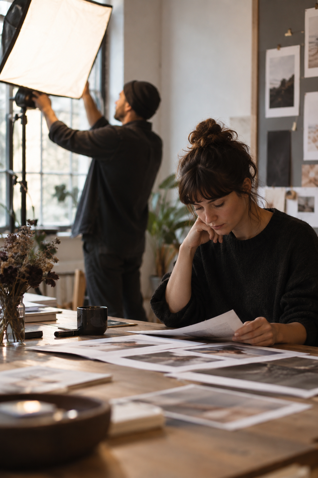 A creative team reviewing editorial layouts in a daylight studio