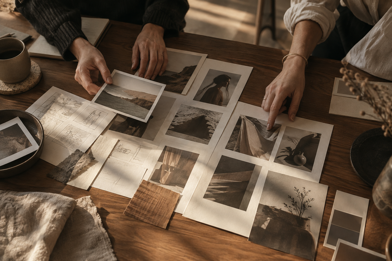 Hands arranging campaign storyboards on a wooden table