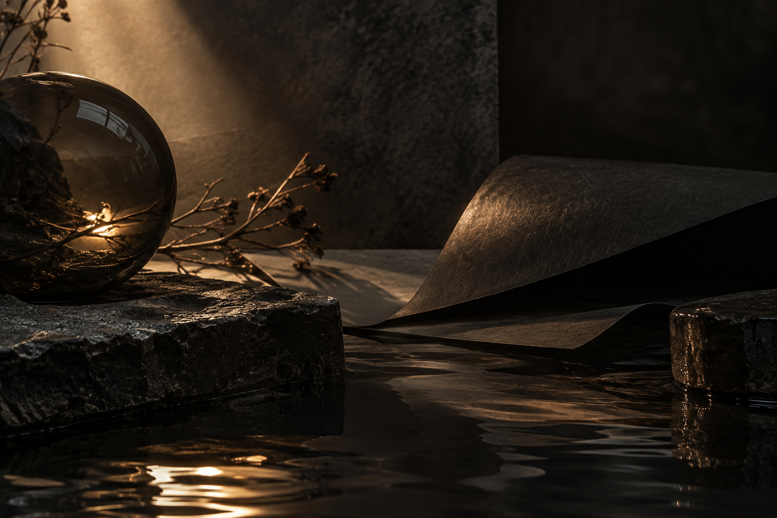 Dark glass, paper and water in warm cinematic light