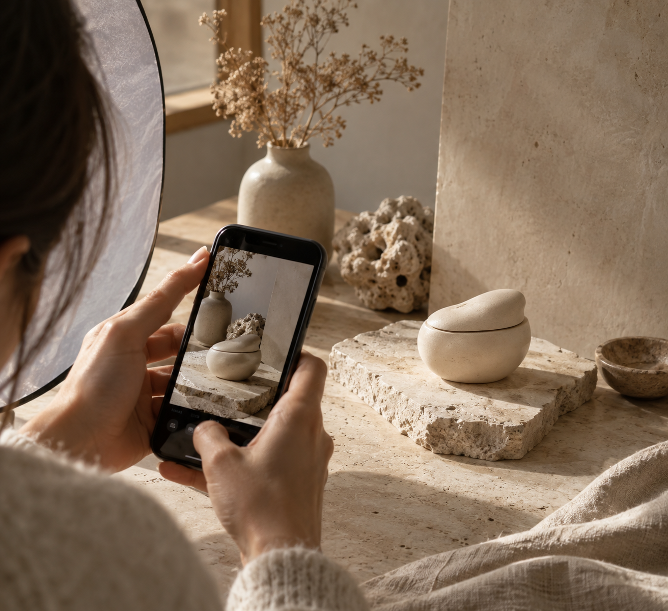 Content producer photographing a styled product